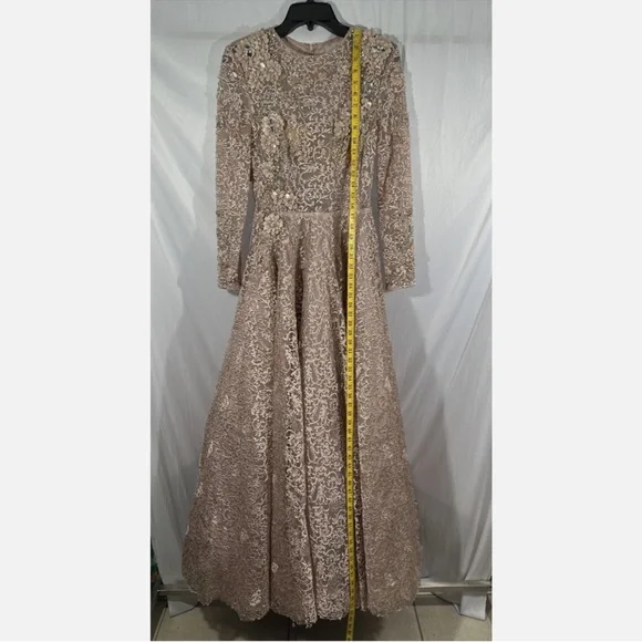 NWT $998 Mac Duggal [ 4 ] Floral Embellished Long Sleeve A-Line Gown Mocha‎ Pink - Picture 5 of 16